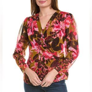 Cabi Mia #4251 2 Piece Blouse Cami Floral Brown Gold Pink Red Blouse Sz S